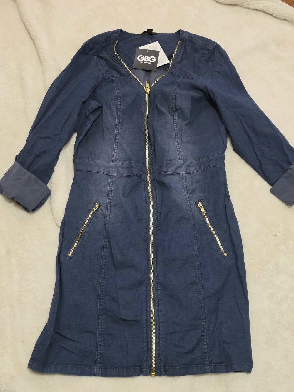 .GBG Los Angeles Navy Zip-Front Denim-Style Dress